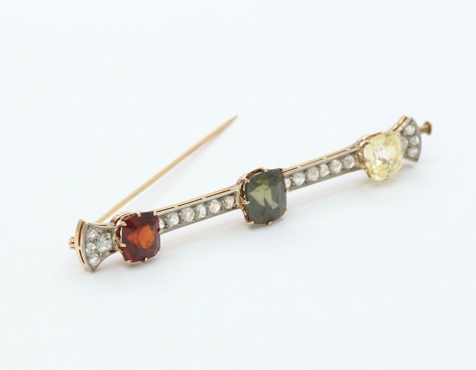 Edwardian 18K Yellow Gold Multi Colored Garnet Rose Cut Diamond Brooch