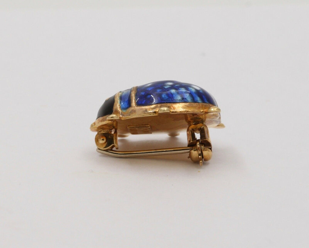 Vintage Blue Enamel Lady Bug 18K Yellow Gold Brooch
