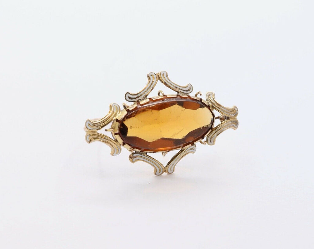 Vintage Citrine White Enamel 14K Yellow Gold Brooch Pin