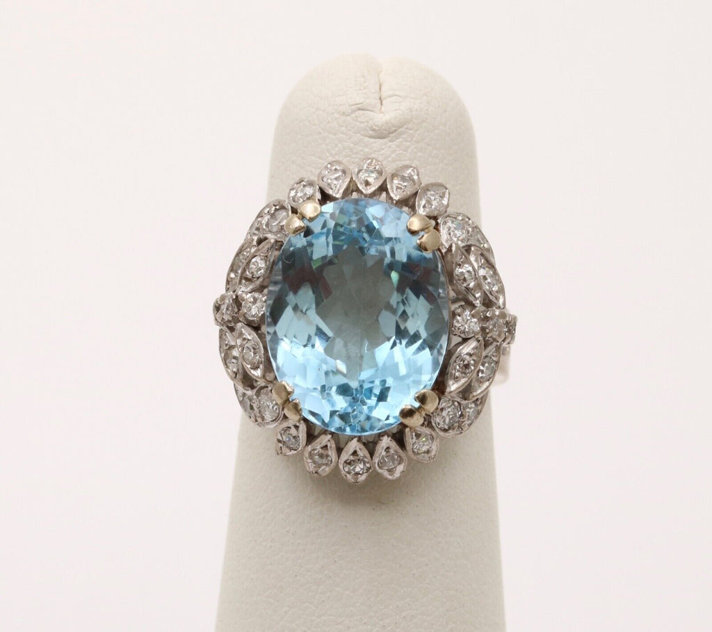 Vintage Blue Topaz Diamonds 14K White Yellow Gold Cocktail Ring