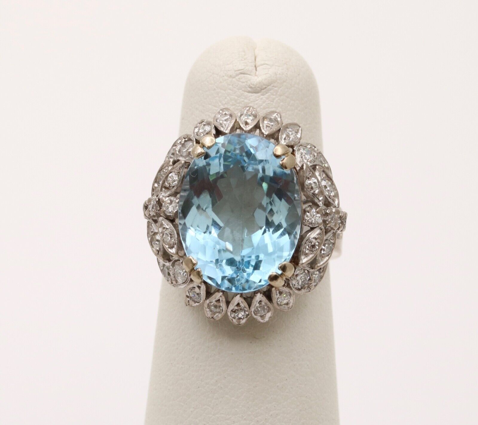 Vintage Blue Topaz Diamonds 14K White Yellow Gold Cocktail Ring