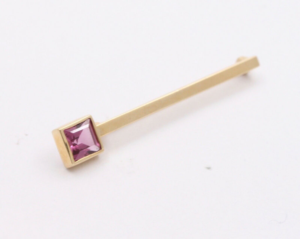 Art Deco Emerald Cut Tourmaline 14K Yellow Gold Brooch Pin