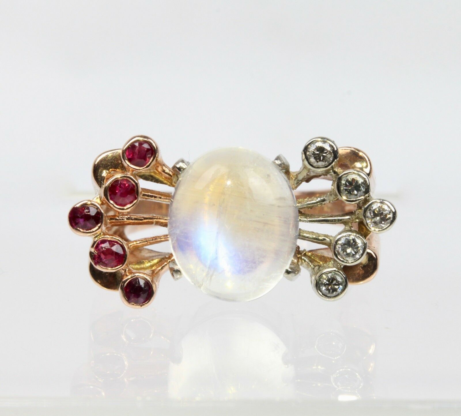 Retro 14K Rose Gold Moonstone Diamond Ruby Ring
