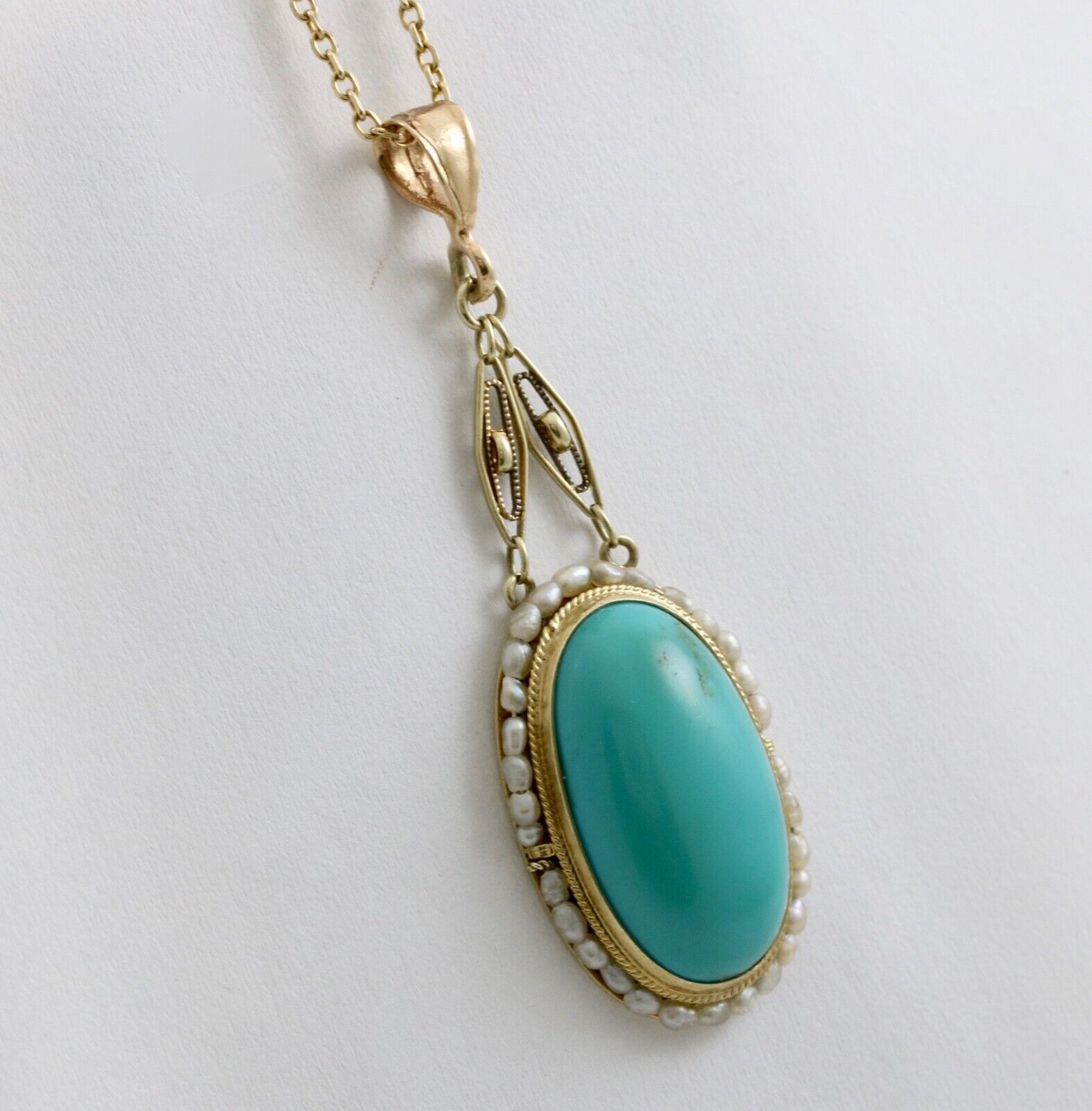 Antique 14K Yellow Gold Turquoise Pearl Seed Halo Pendant