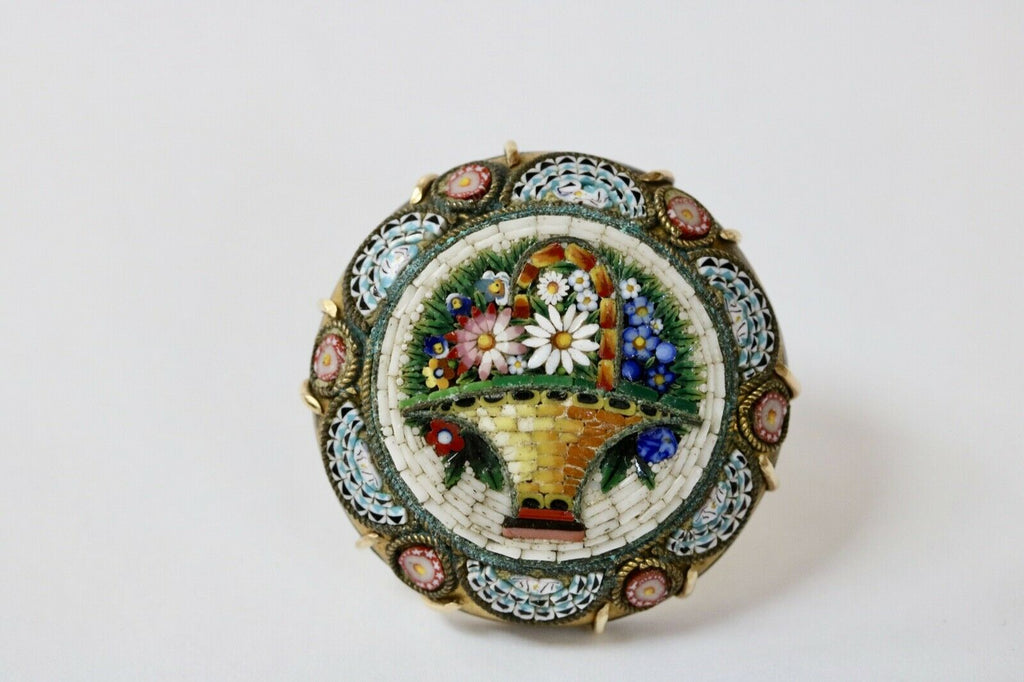 Victorian Revival Italian Micro Mosaic Flower Basket Brooch Pin
