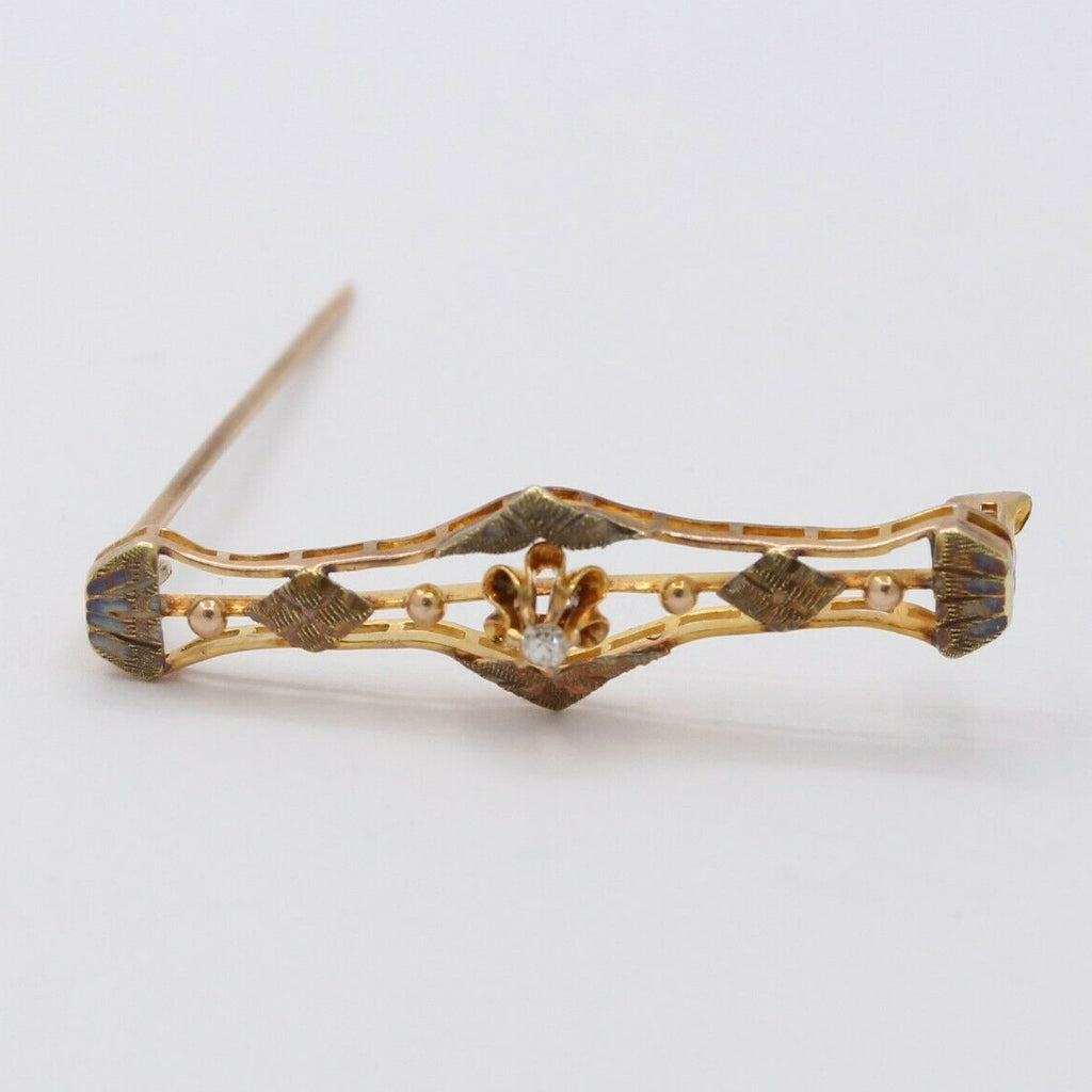 Victorian 10K Diamond Rose Yellow Gold Brooch Pin