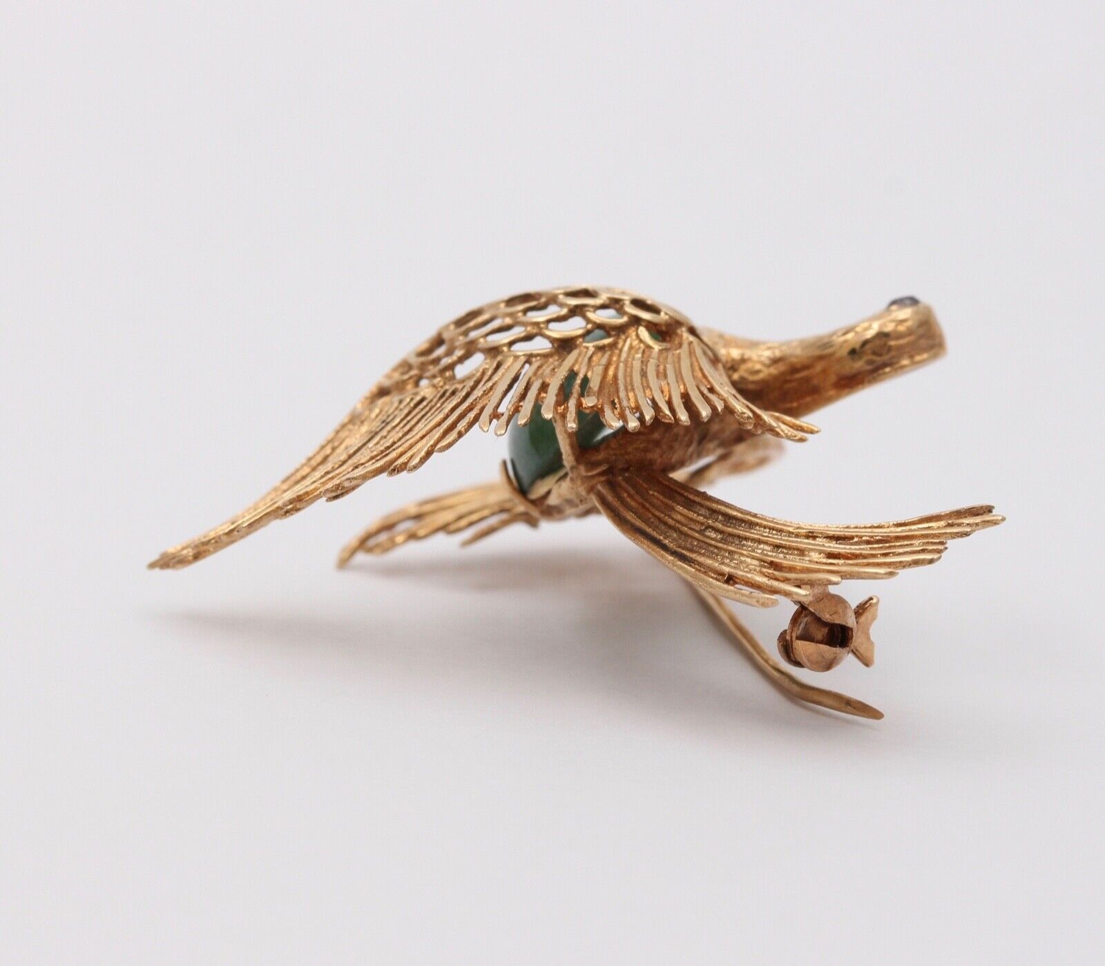 Vintage Estate Jadeite Jade Crane 14K High Relief Bird Brooch, Pin
