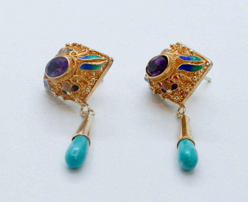 Vintage 1940's Gold Gilt Turquoise Amethyst Enamel Earrings