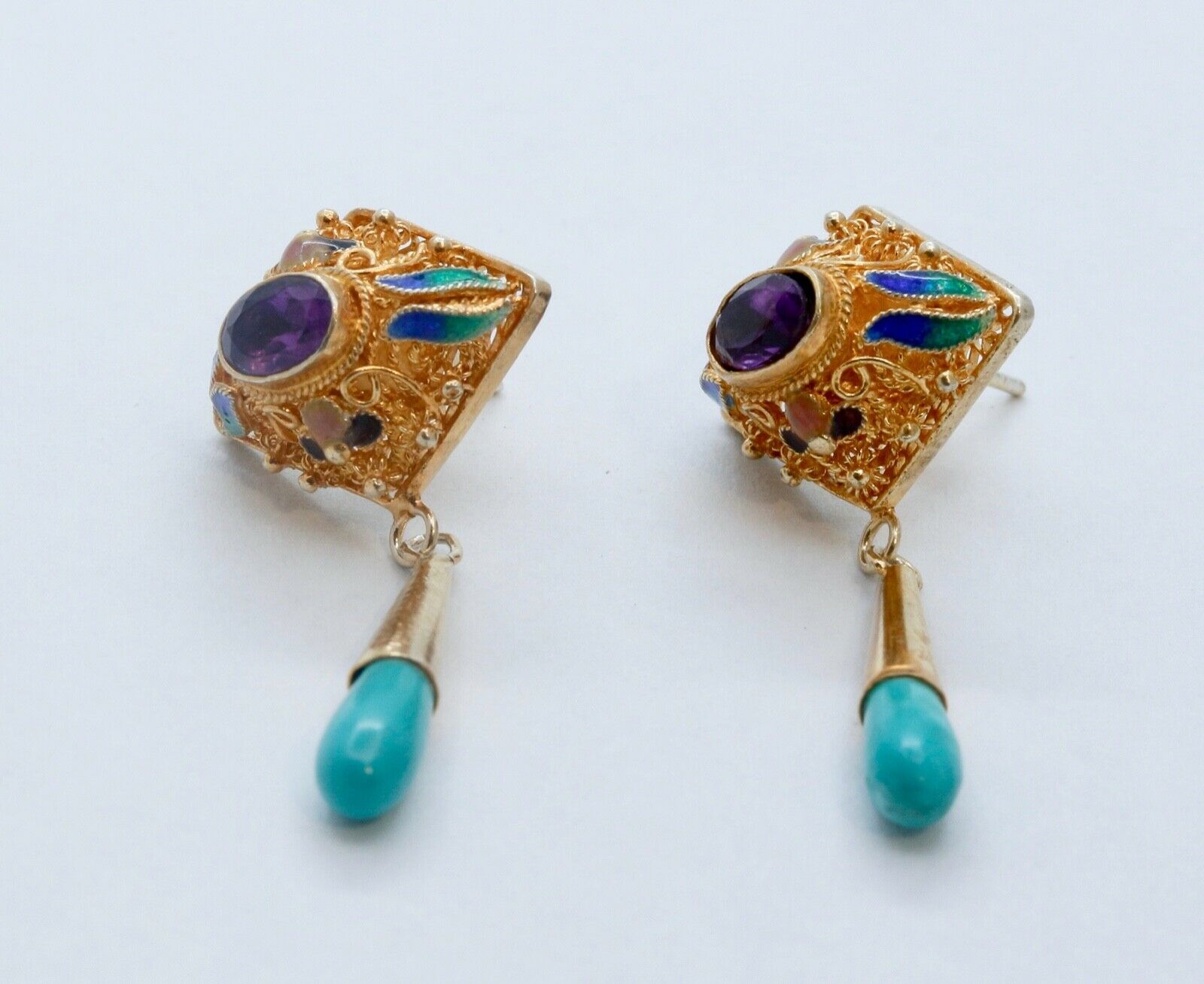 Vintage 1940's Gold Gilt Turquoise Amethyst Enamel Earrings