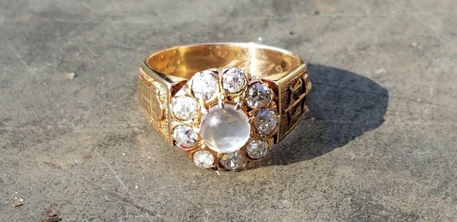 Important Historical Georgian Old Mine Diamonds Moonstone 18K Rose Gold Ring