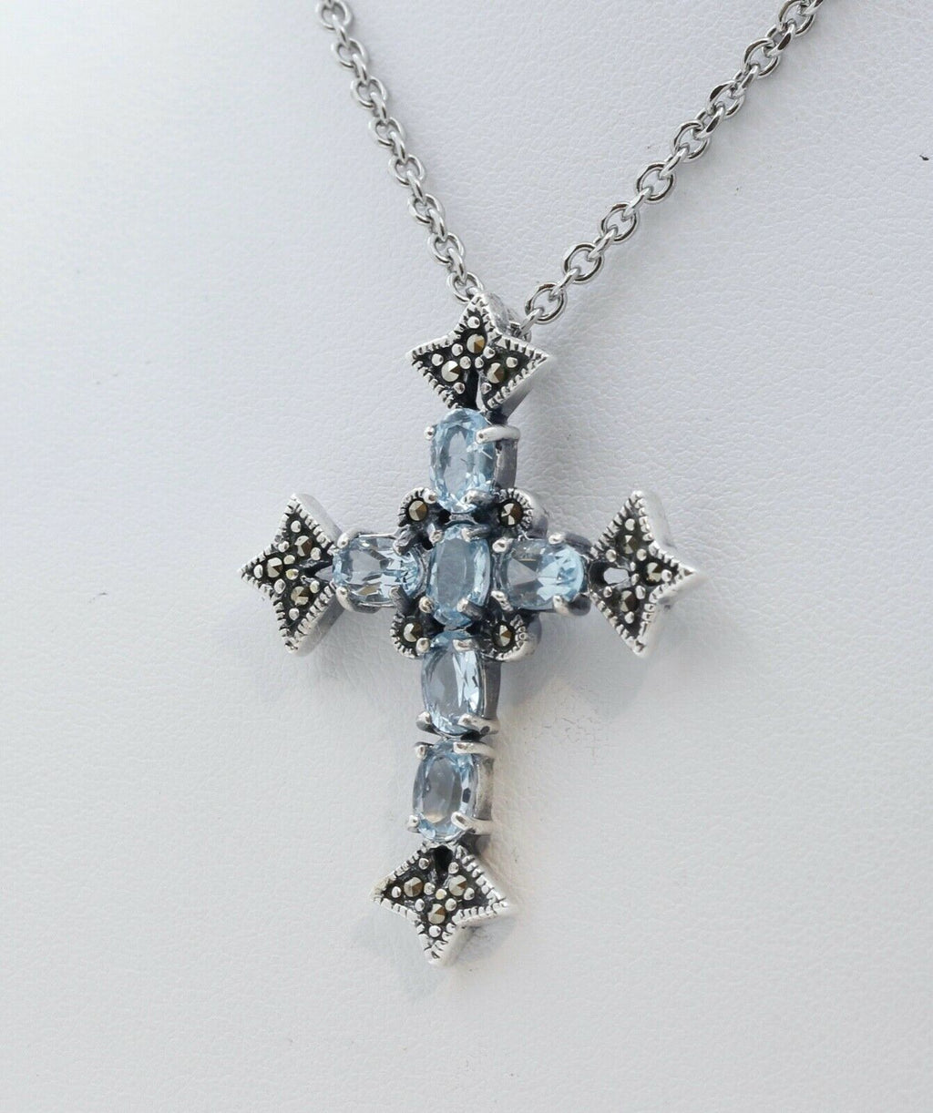 Navajo Synthetic Aquamarine Marcasite Sterling Silver Cross Pendant