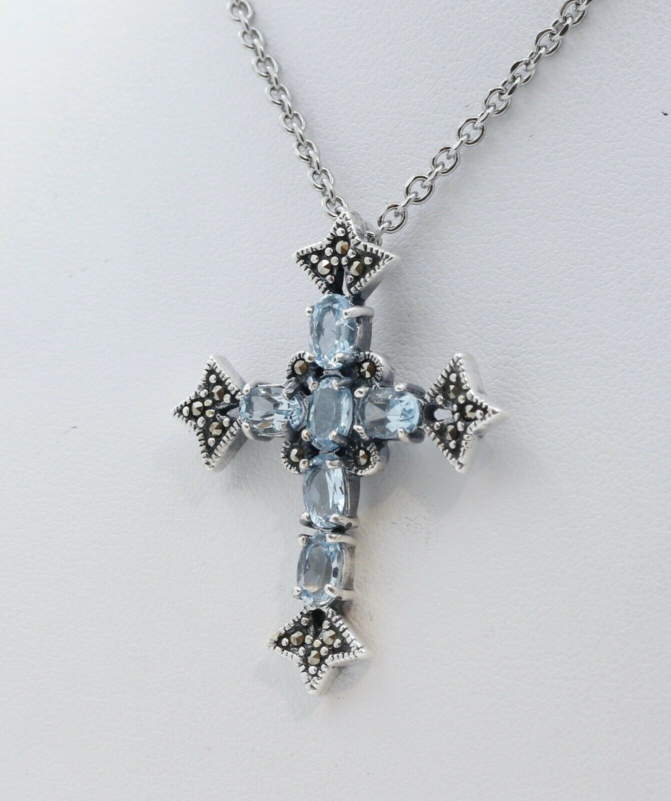 Navajo Synthetic Aquamarine Marcasite Sterling Silver Cross Pendant