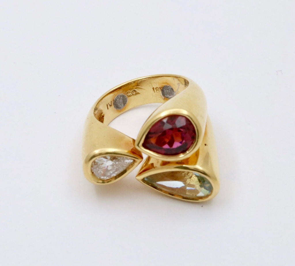 Vintage Geometric Diamond Aquamarine Tourmaline 18K Yellow Gold Ring