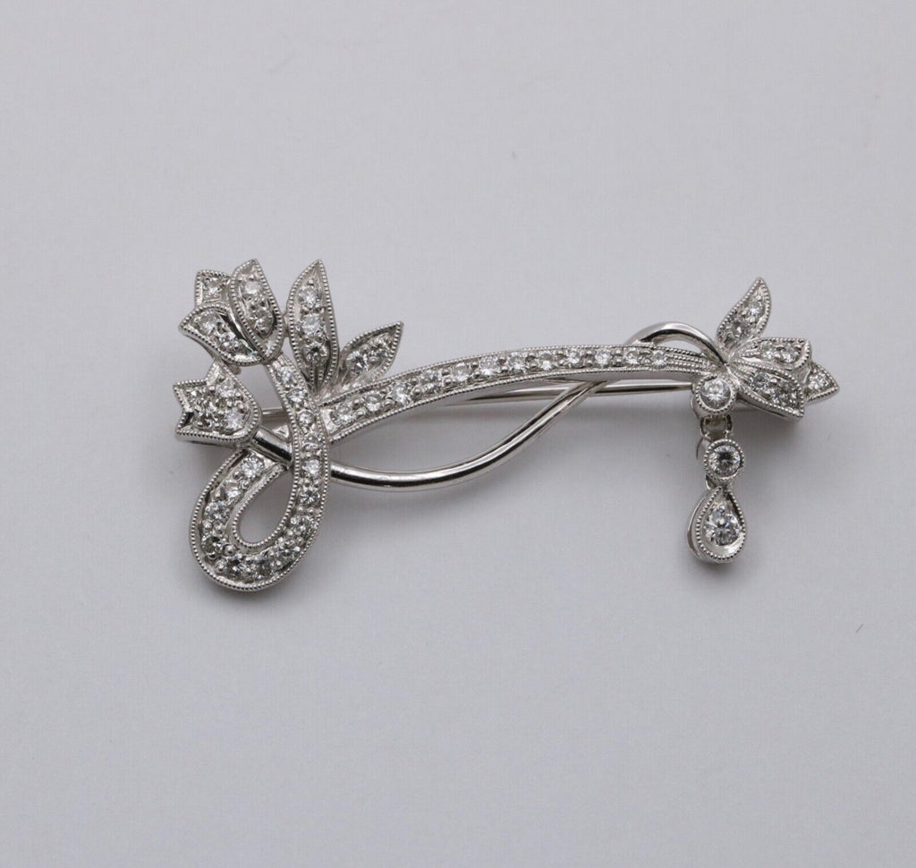 Vintage 18K White Gold Flower Diamond Brooch, Pin.