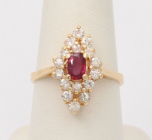 Load image into Gallery viewer, Vintage Diamond and Ruby Navette Ring, Statement Ring
