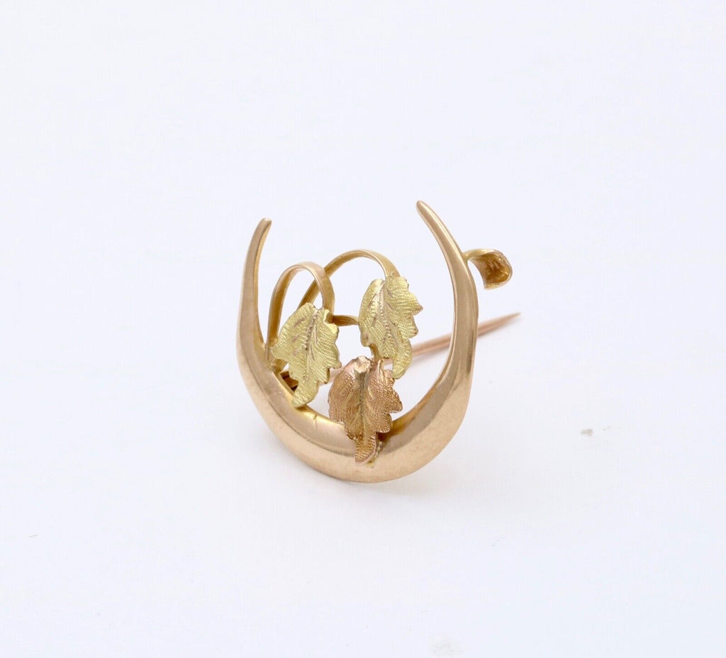 Antique Art Nouveau 10K Gold Leaf & Crescent Moon Pin. Antique Brooch.