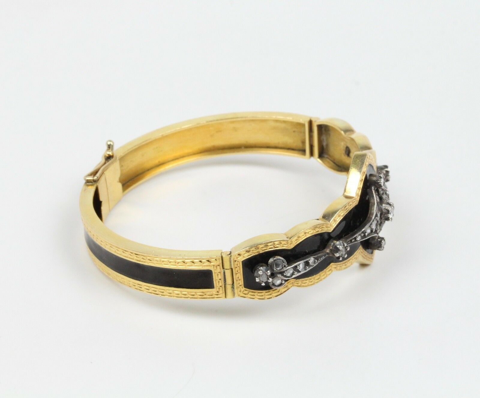 Victorian Mourning Antique Bracelet 18K Yellow Gold Black Enamel & Diamond