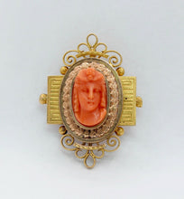 Load image into Gallery viewer, Extraordinary Victorian 14K Rose and Yellow Gold Carved Coral Pendant Brooch
