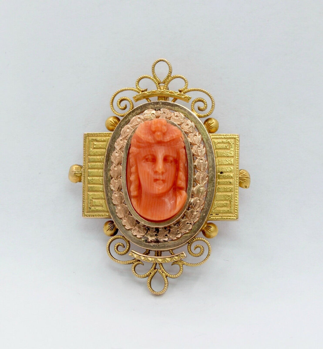 Extraordinary Victorian 14K Rose and Yellow Gold Carved Coral Pendant Brooch