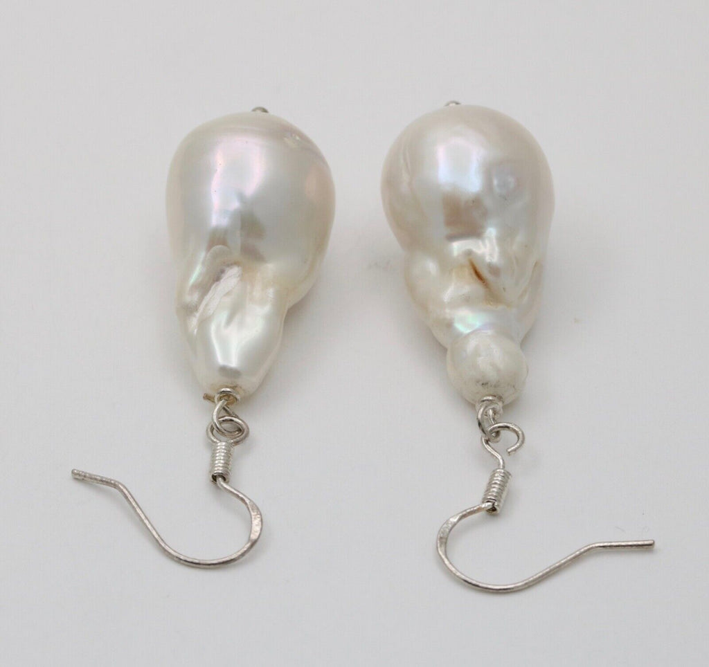 Vintage Baroque Saltwater Pearl 14K White Gold Earrings