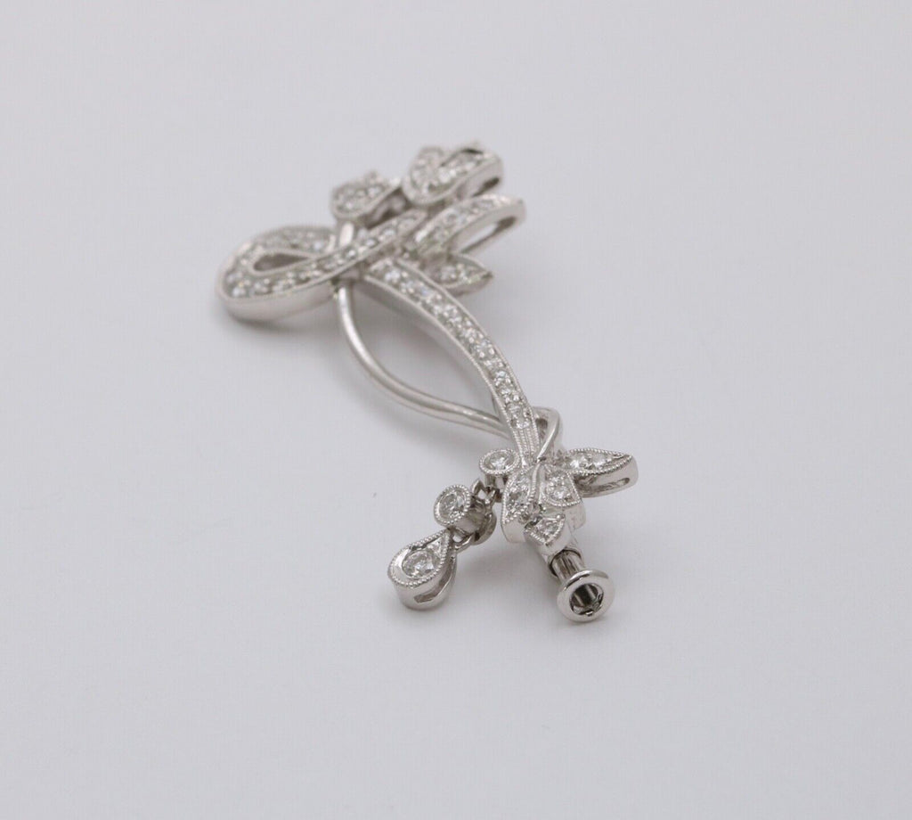 Vintage 18K White Gold Flower Diamond Brooch, Pin.