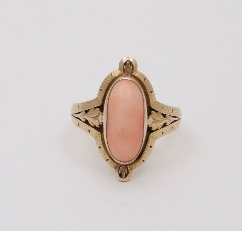 Antique 14K Yellow Gold Cushion Coral Leaf Ring