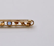 Load image into Gallery viewer, Antique Art Deco 14K Yellow Gold Sapphire &amp; Pearl Bar Pin.
