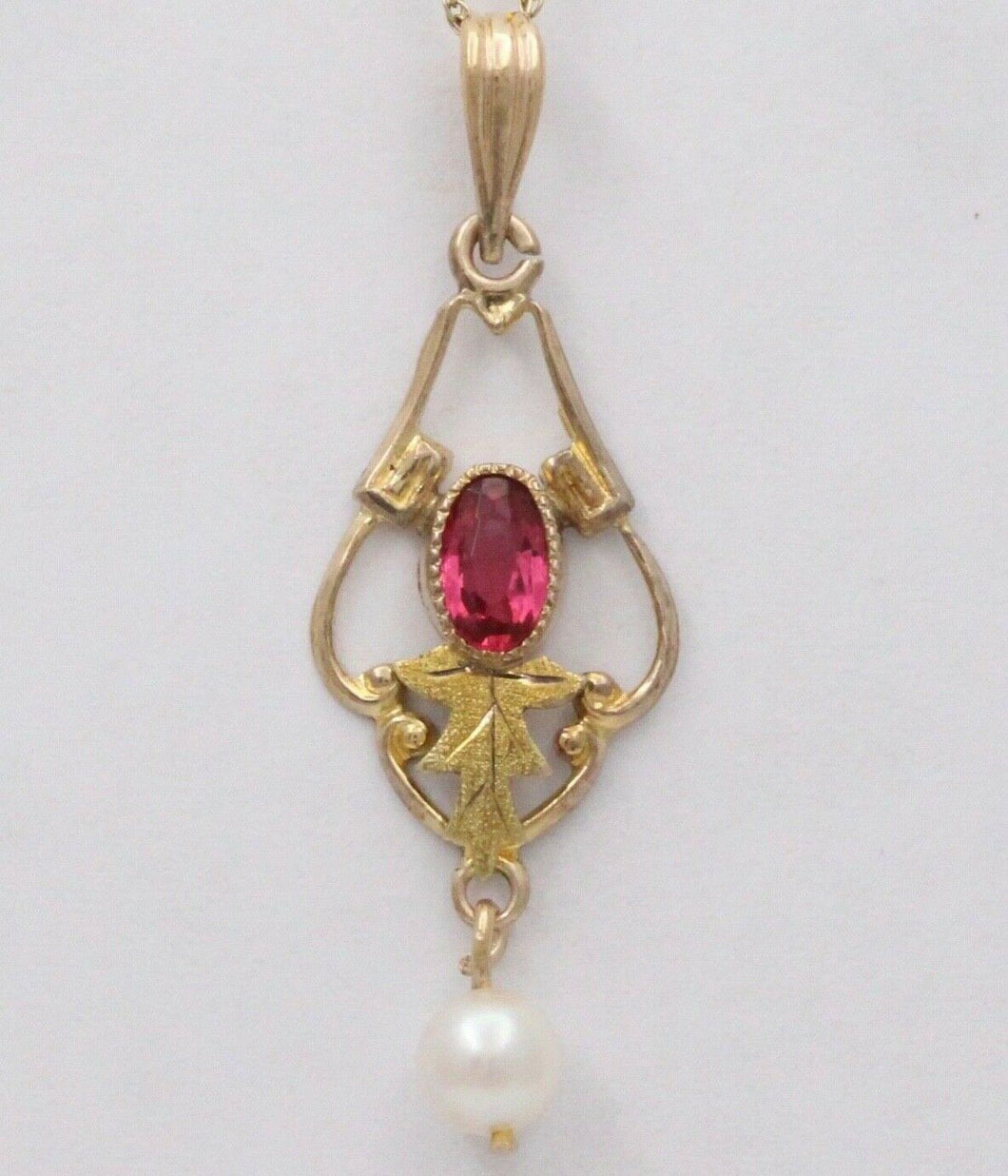 Antique Art Nouveau 10K Yellow Gold Pink Tourmaline & Pearl Charm, Teardrop Pend