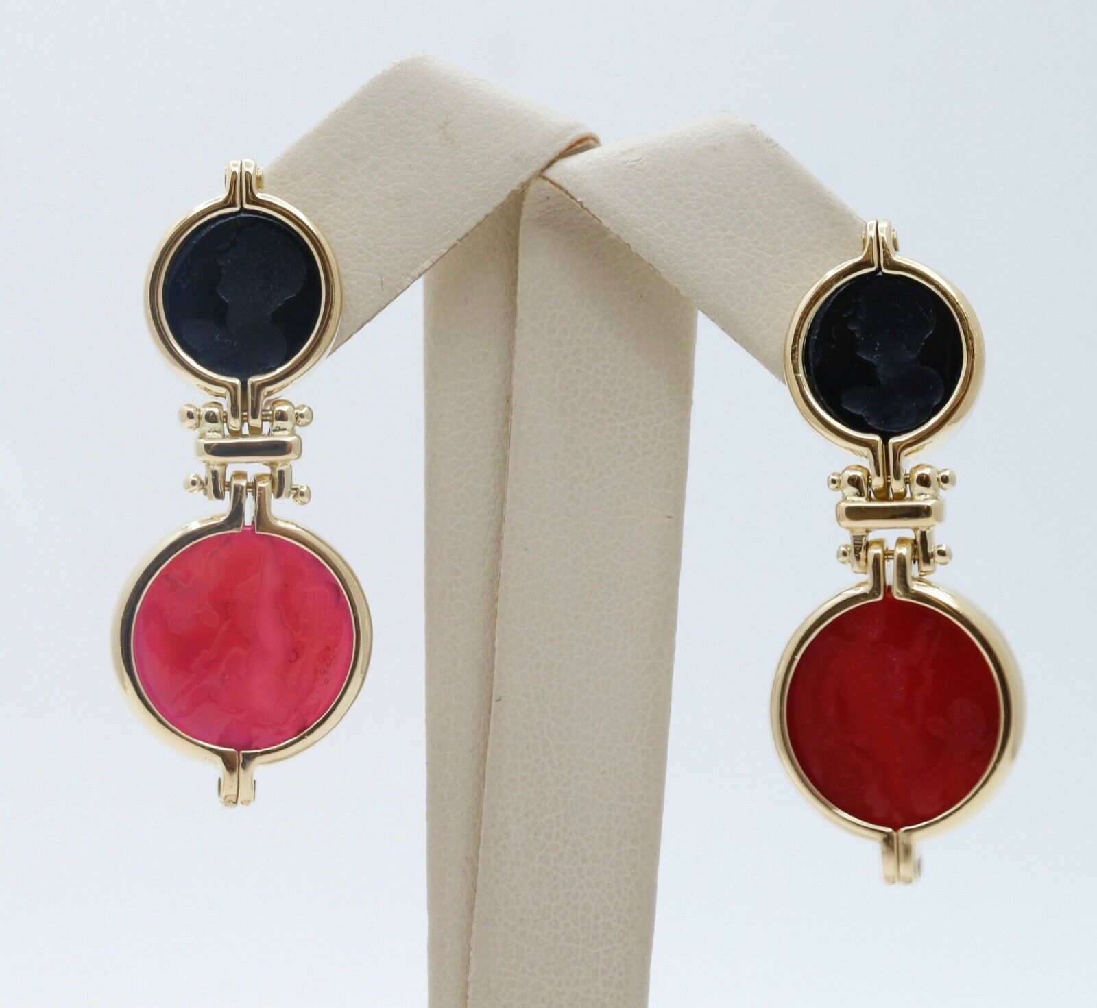 Italian 18K Yellow Gold Art Glass Portrait Cherub Dangle Earrings