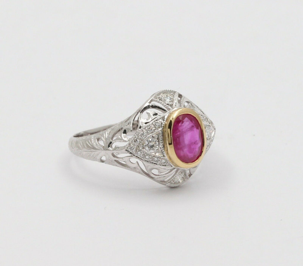 Vintage Burma Ruby Filigree Diamond 18K Gold Ring , Engagement Ring.