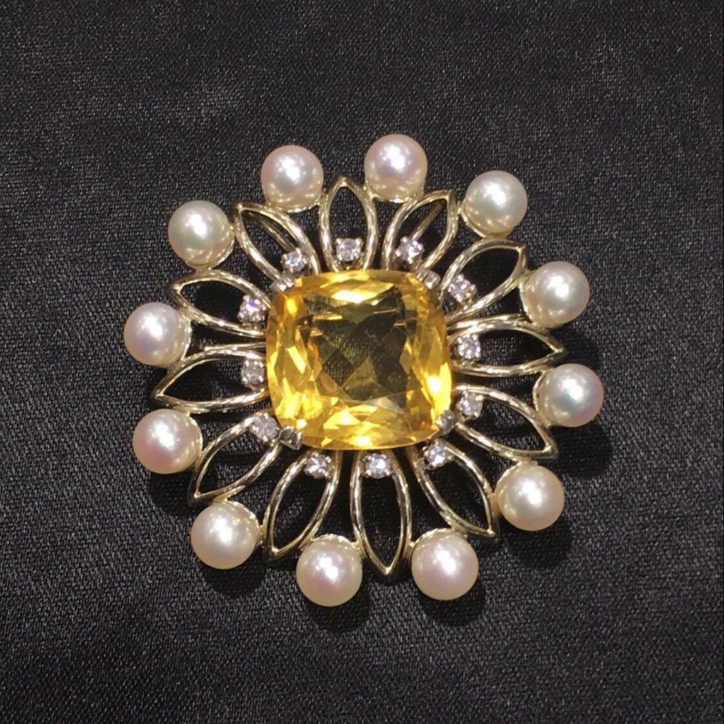 Vintage 18K Brooch Citrine Diamonds Pearls