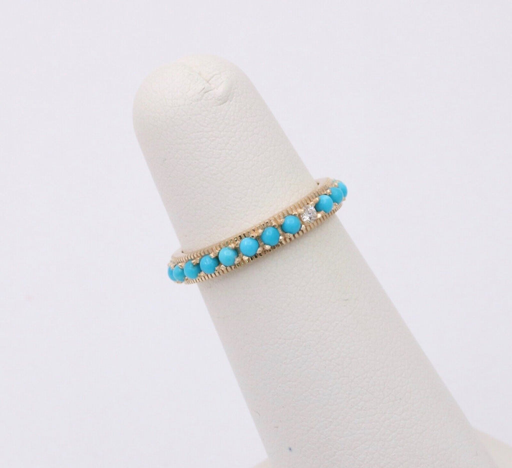 Vintage 14K Yellow Gold Turquoise & Diamond Eternity Band, Stacking Ring