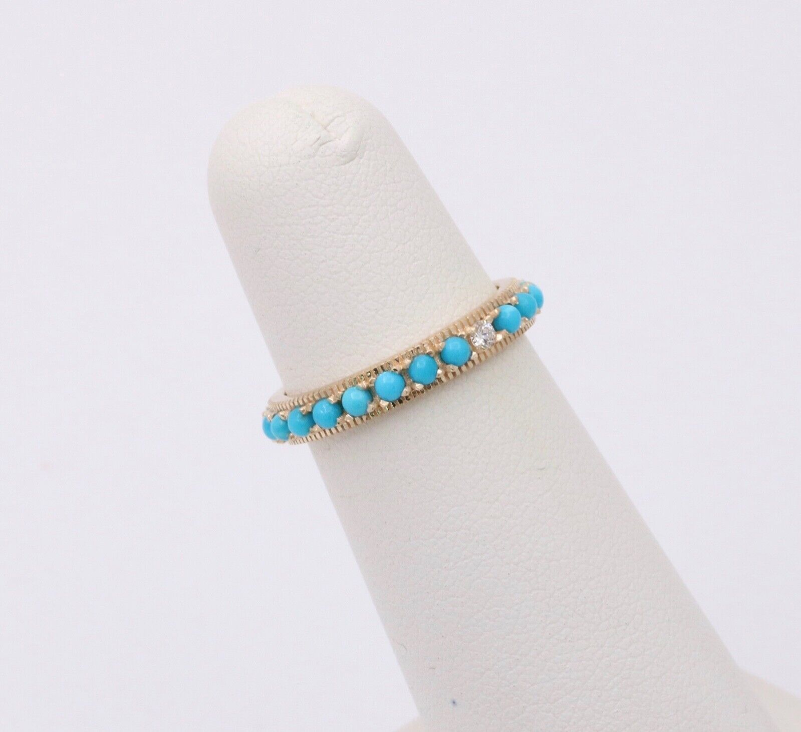 Vintage 14K Yellow Gold Turquoise & Diamond Eternity Band, Stacking Ring