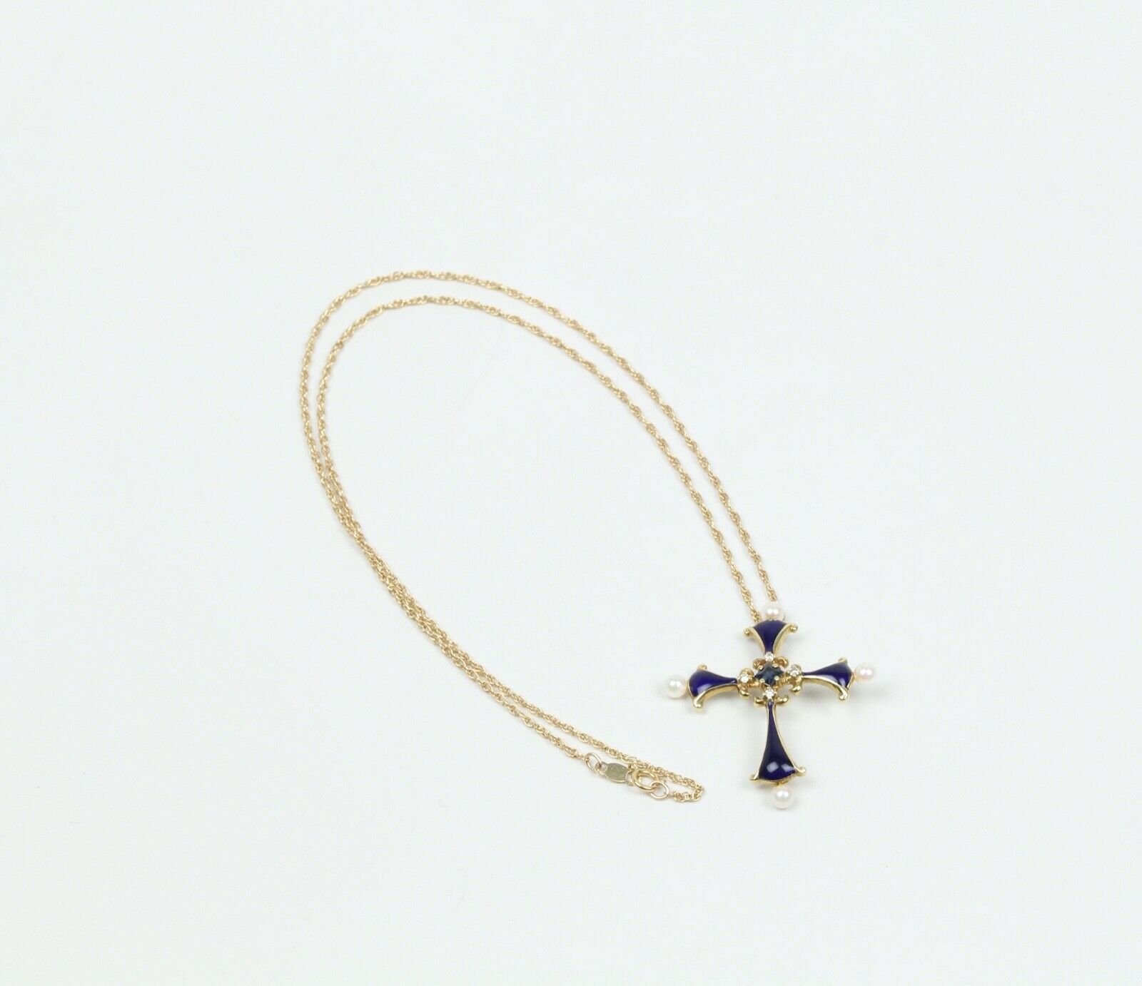 Faberge 1983 Enamel 14K Franklin Mint Sapphire Midnight Cross Pendant with Chain