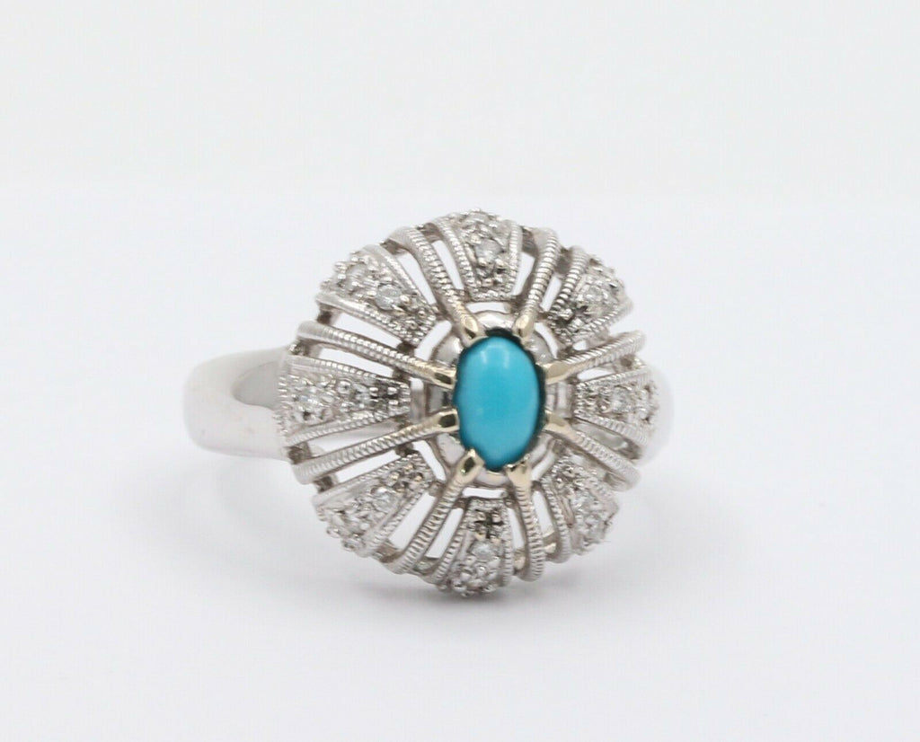Vintage 14K White Gold Turquoise Diamond Cocktail Ring