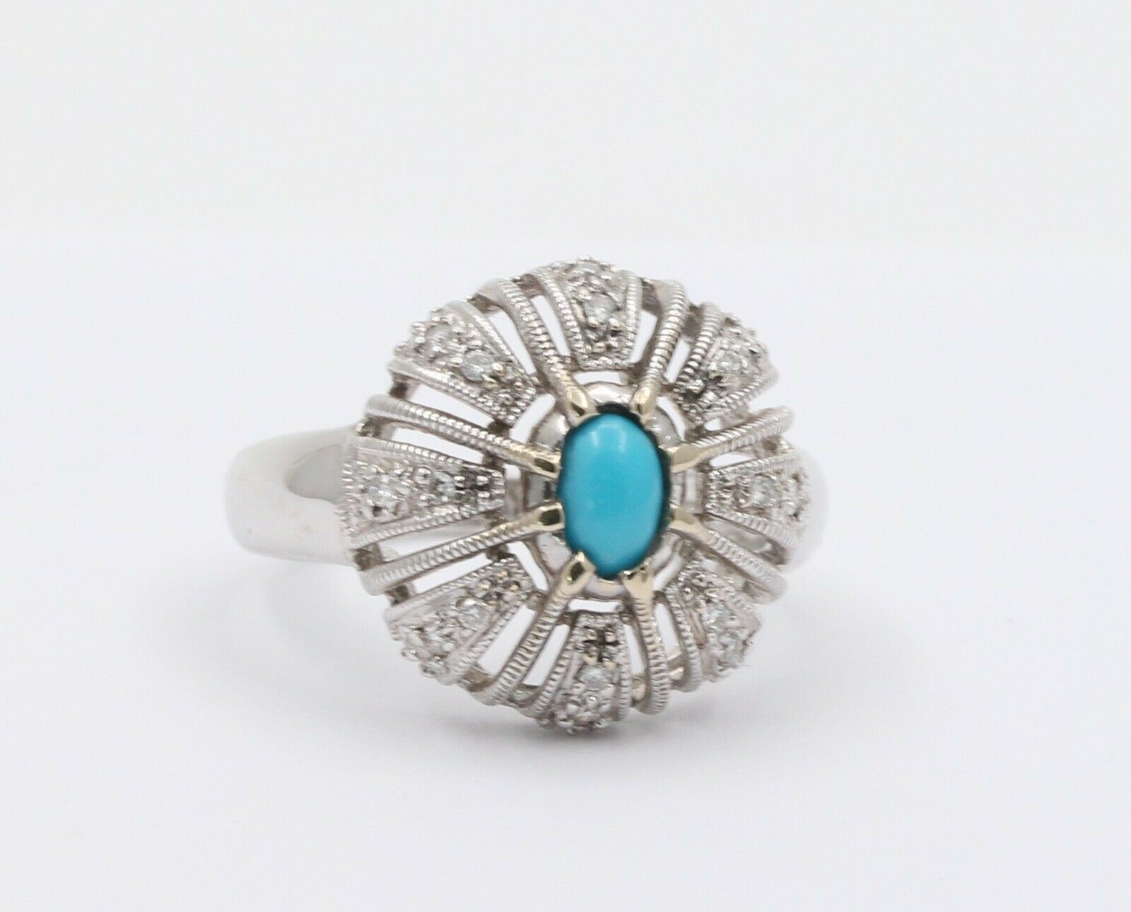 Vintage 14K White Gold Turquoise Diamond Cocktail Ring