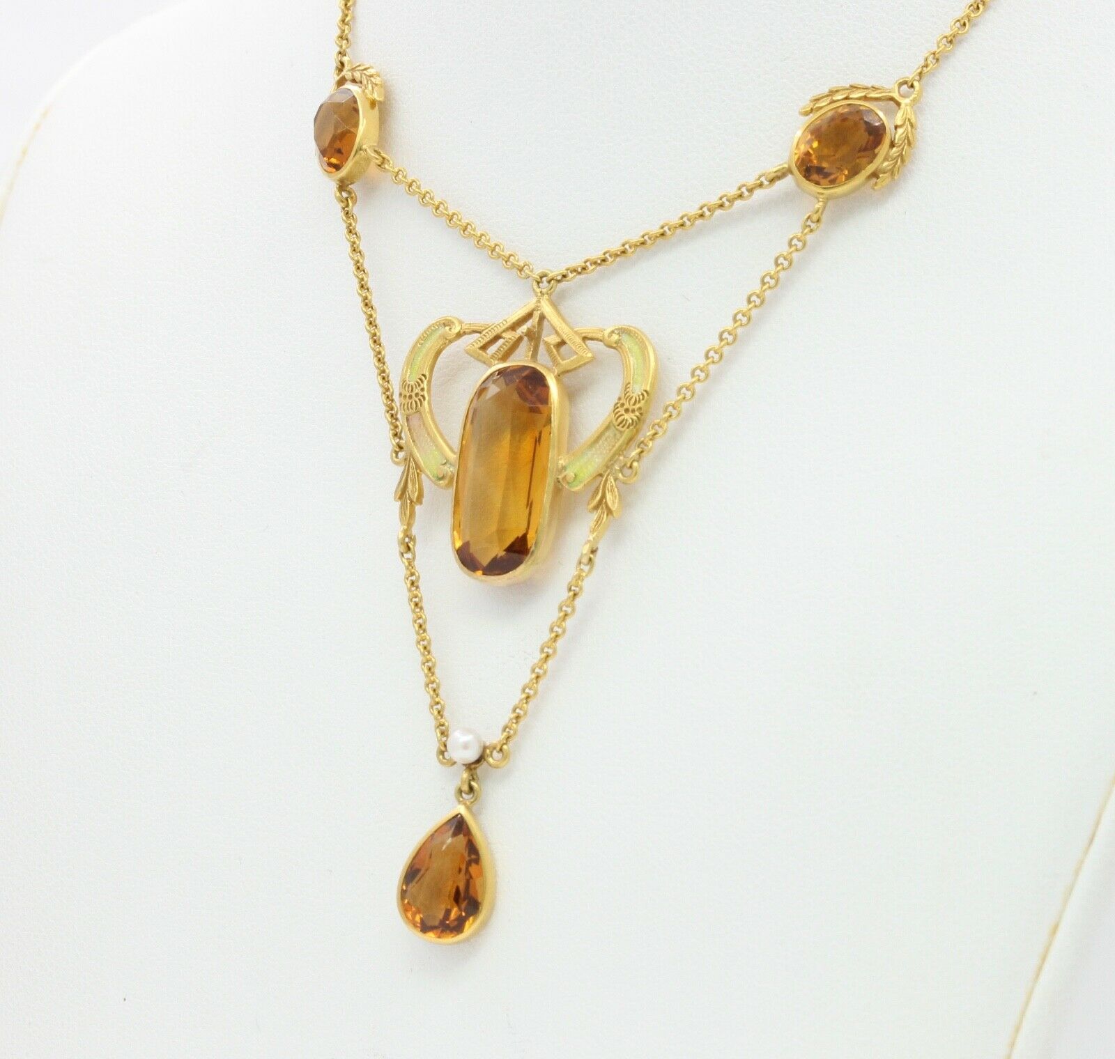 Art Nouveau 14K Yellow Gold Citrine Pearl Enamel Pendant Necklace