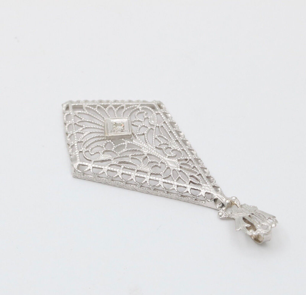 Art Deco 14K White Gold Filigree Diamond Pendant Necklace