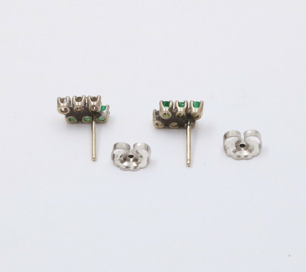 Vintage 14K White Gold Diamond & Emerald Cluster Studs Earrings, Push Back Earri
