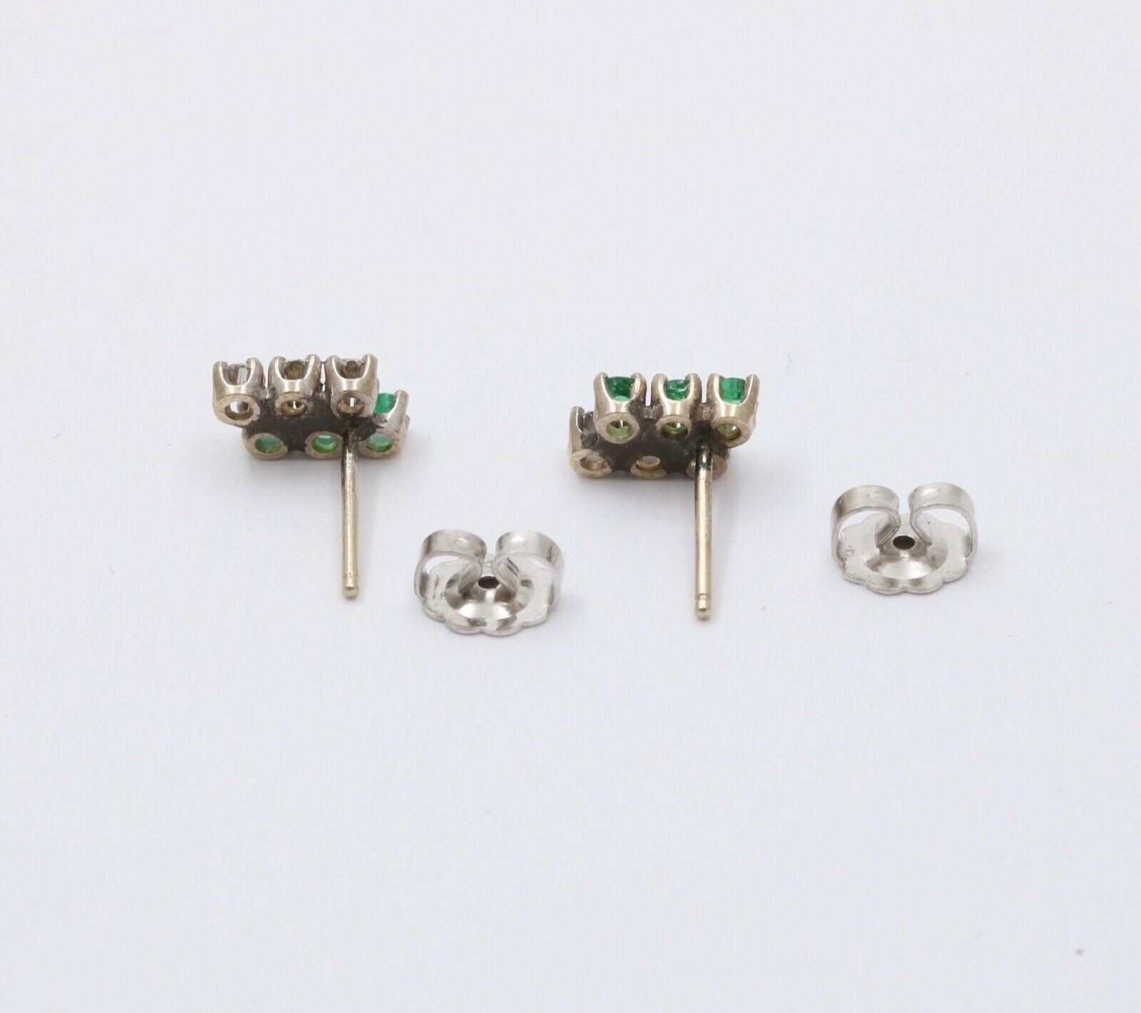 Vintage 14K White Gold Diamond & Emerald Cluster Studs Earrings, Push Back Earri