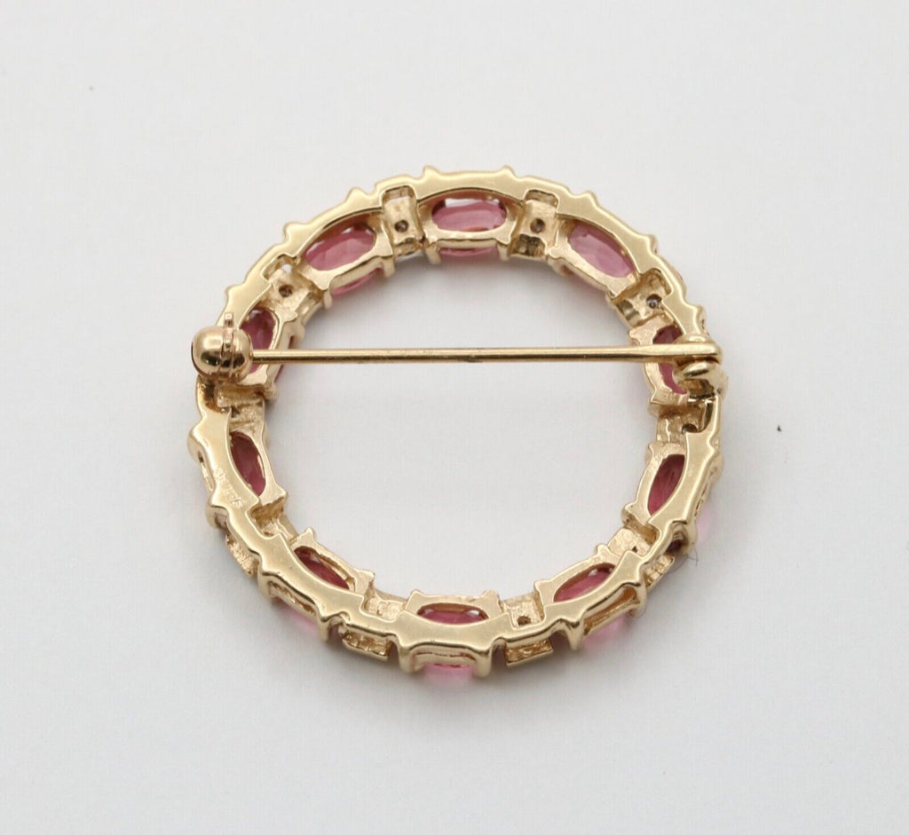 Vintage Pink Tourmaline Diamonds 14K Yellow White Gold Brooch Pin