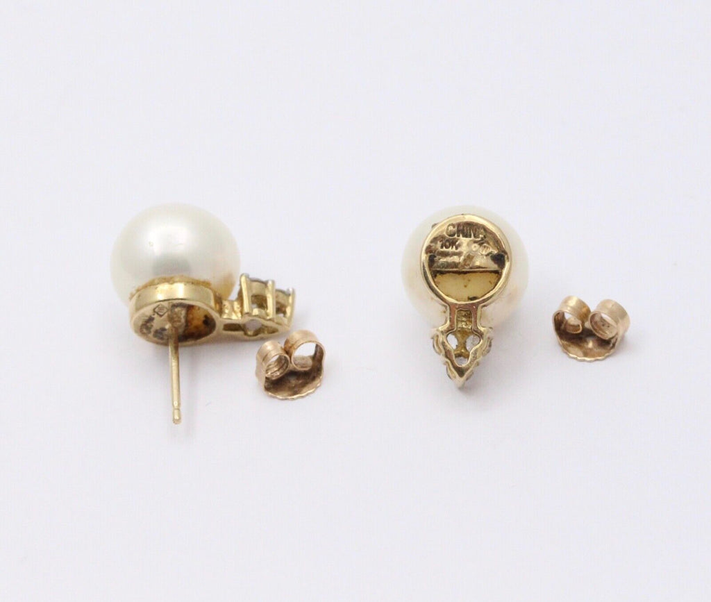 Classic 10K Yellow Gold 9.8 mm Pearl & Diamond Studs Earrings,