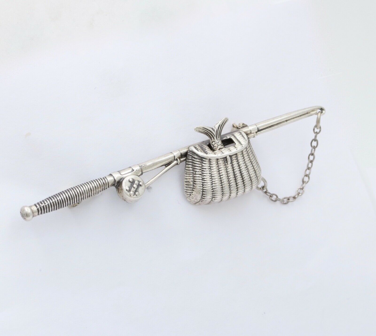 Beau Sterling Silver Fishing Rod and Creel Basket Brooch