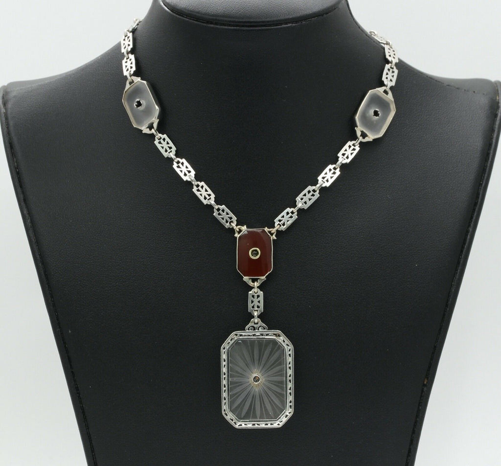 Art Deco Platinum 14K White Gold Crystal Diamonds Necklace Pendant
