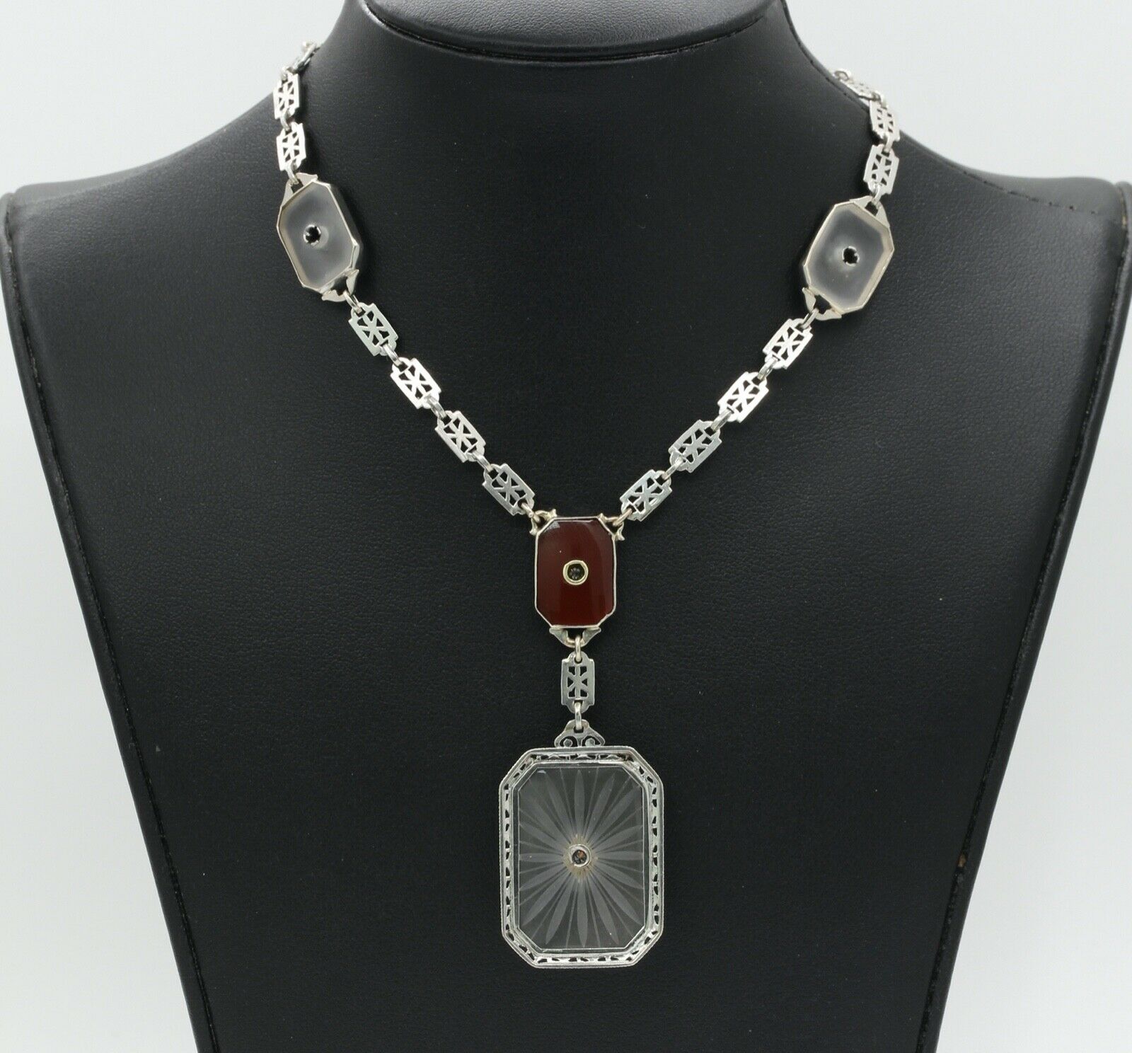 Art Deco Platinum 14K White Gold Crystal Diamonds Necklace Pendant