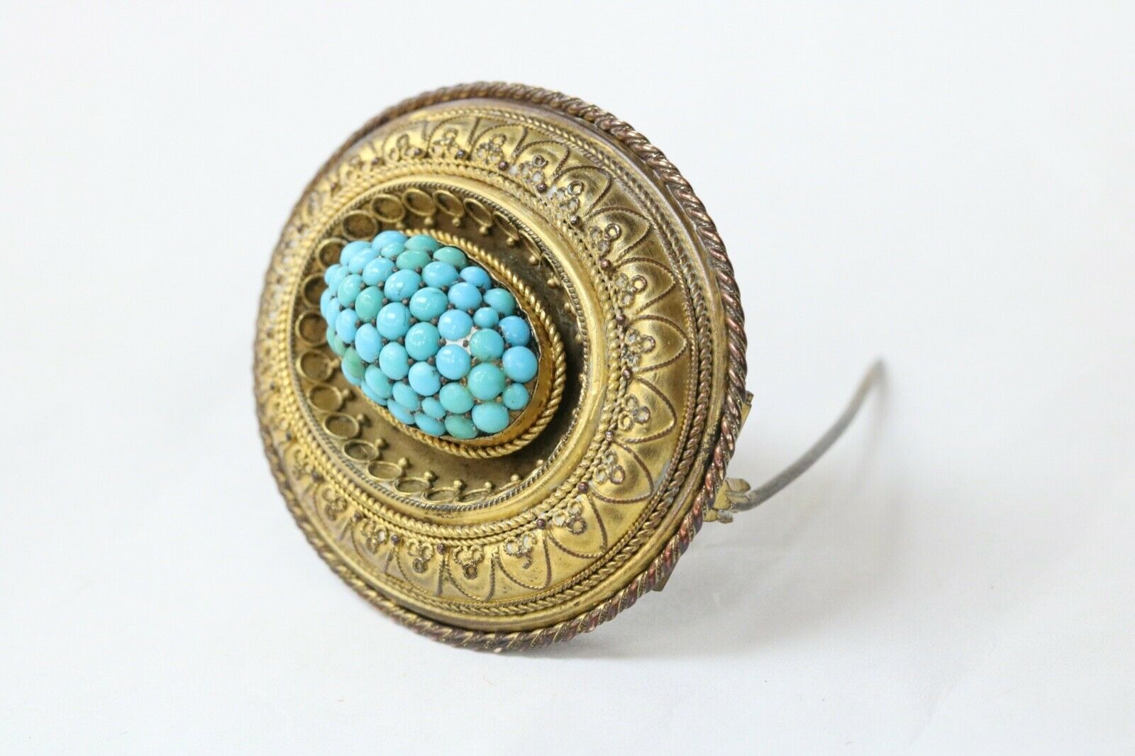 Victorian Etruscan Revival Momento More 9K Yellow Gold Turquoise Brooch Pin