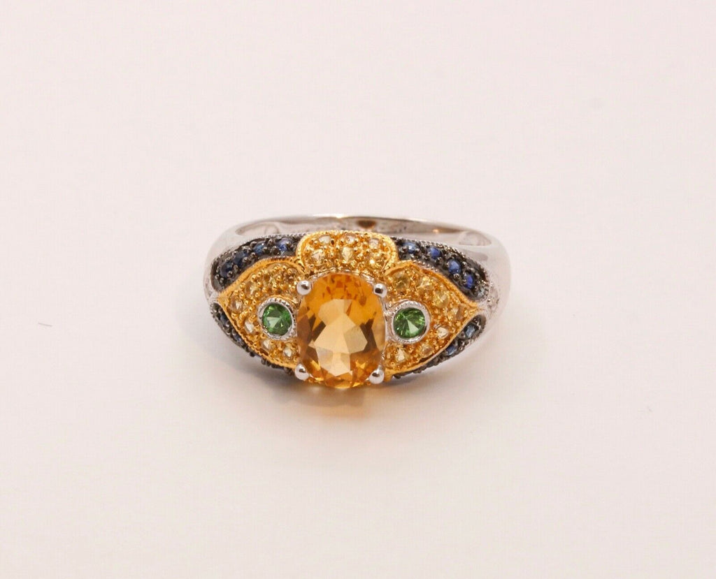 Citrine Blue Sapphires Cocktail Ring 14K White Yellow Gold Ring