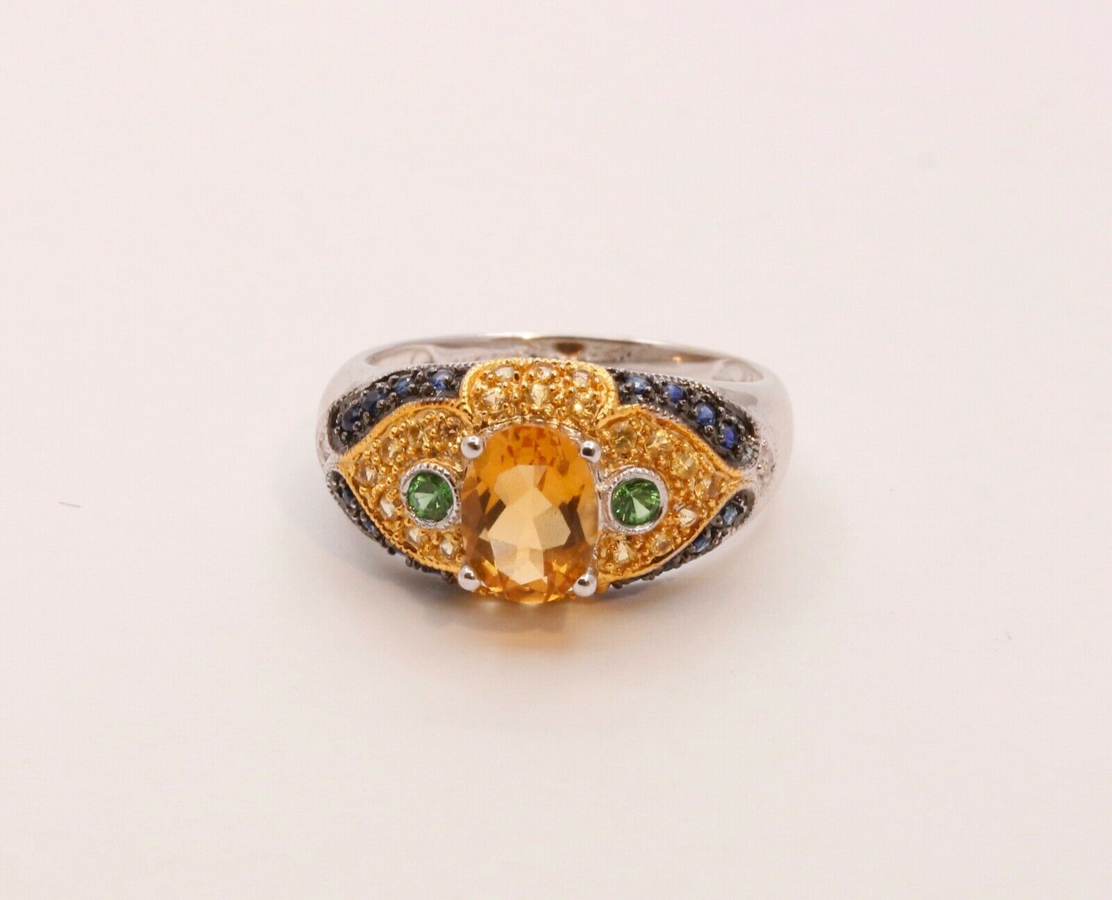 Citrine Blue Sapphires Cocktail Ring 14K White Yellow Gold Ring