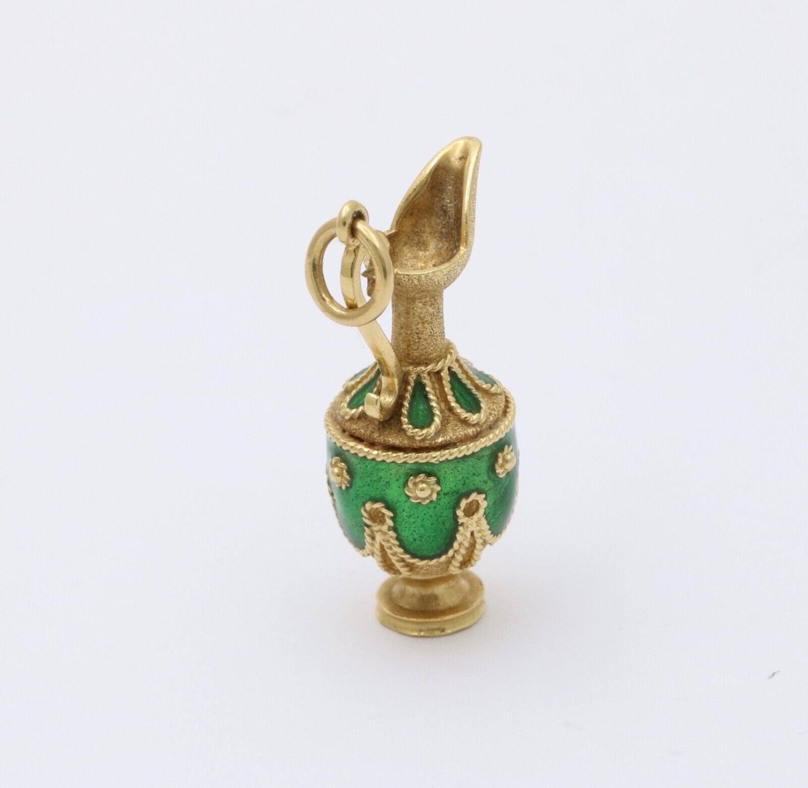 Vintage 18K yellow Gold Green Enamel European Jug Pitcher Charm Pendant.