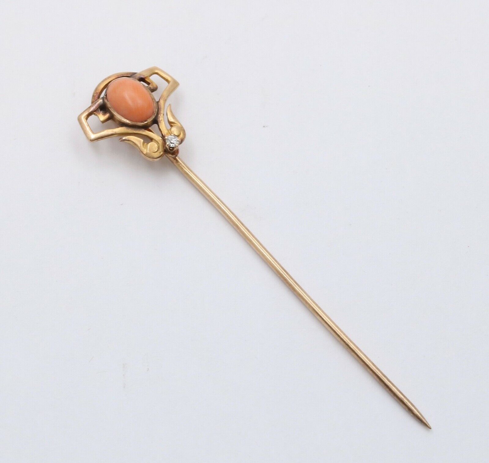 Art Nouveau Coral Diamond 14K Rose Gold Stick Pin